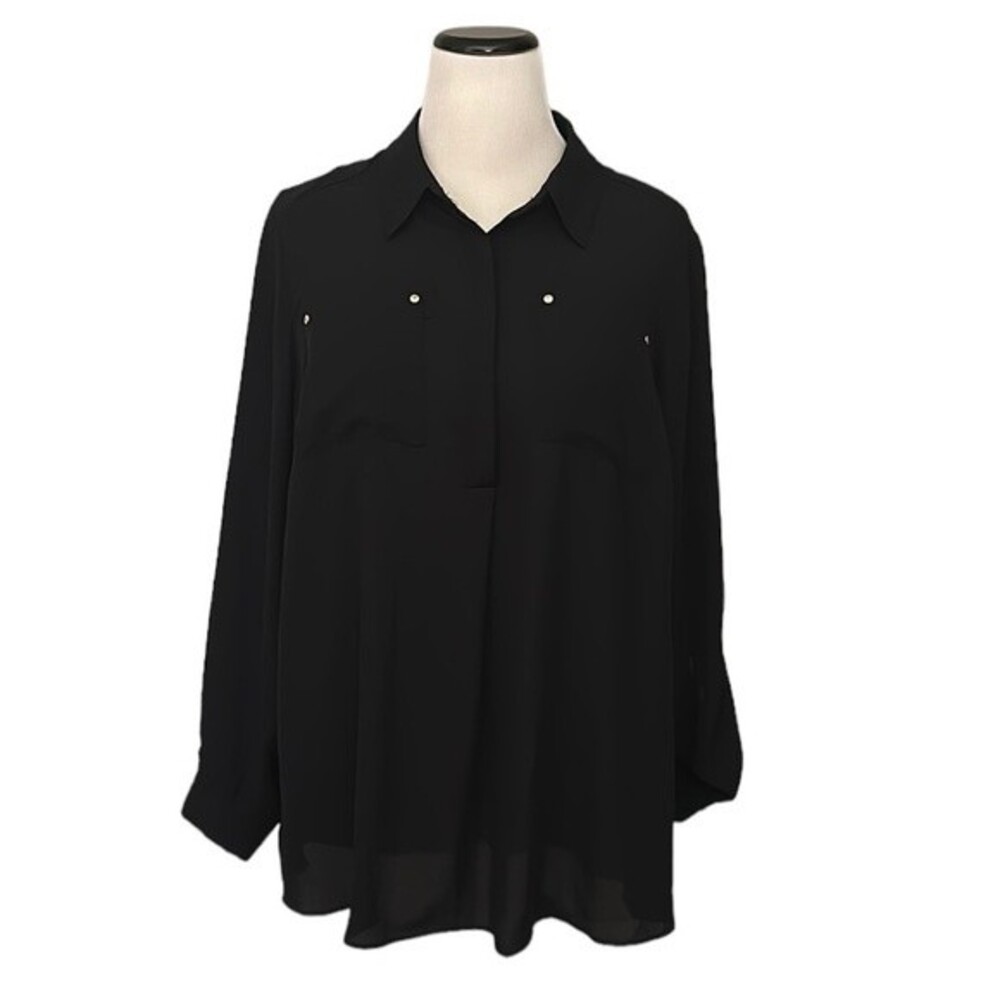 Lane Bryant Women’s Button Up Long Roll Tab Sleeve Black Shirt Size 14/16